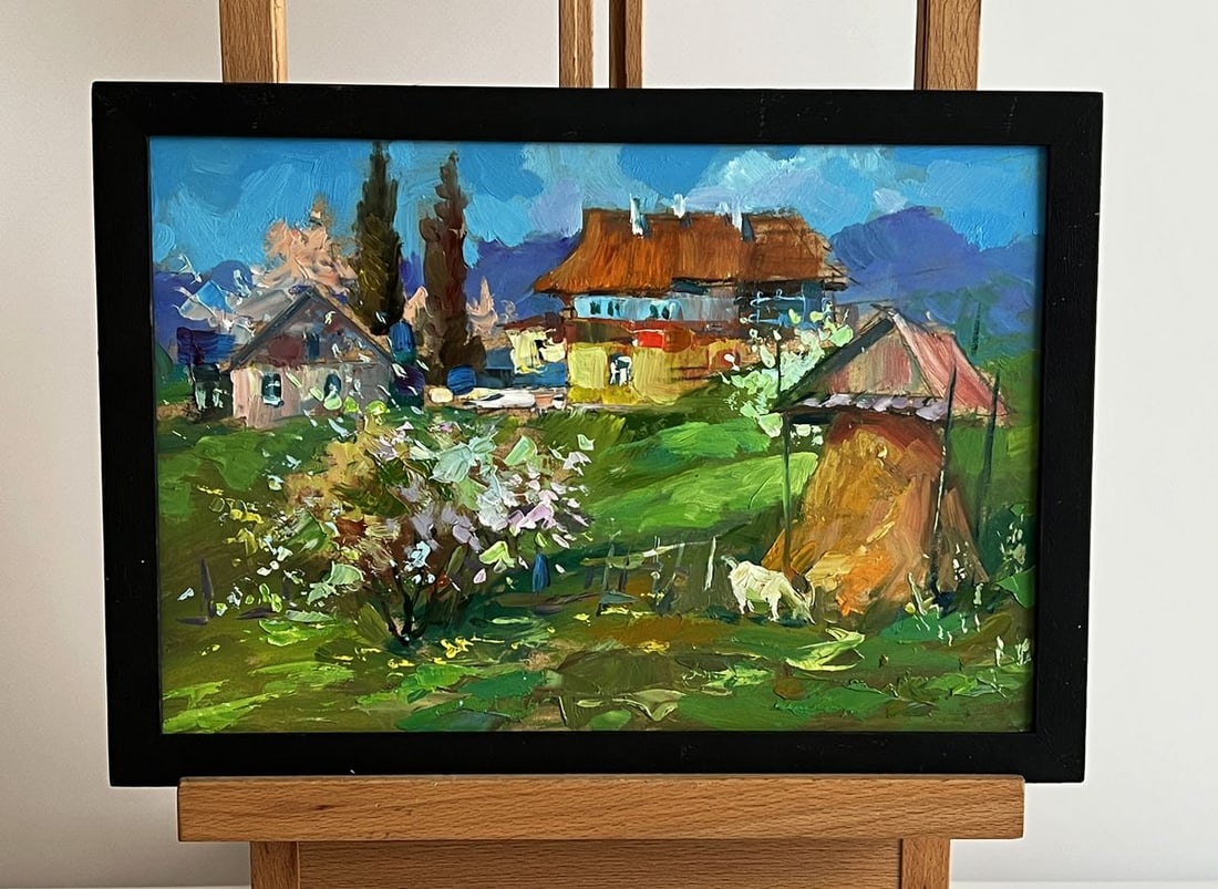 Oil painting A village garden with a goat Yuriy Suprunchuk: NoAAA5991*** ABOUT THIS PAINTING **** TITLE: "A village garden with a goat"* ARTISTS: Yuriy Suprunchuk* SIZE: 20x30 cm/7.87x11.81 inches'* MEDIUM: oil, cardboard* HAND PAINTED: Original painting from
