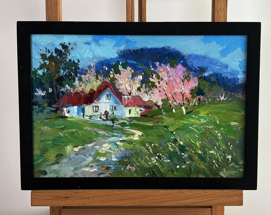 Oil painting Blooming trees in the garden Yuriy Suprunchuk: NoAAA5998*** ABOUT THIS PAINTING **** TITLE: "Bright country house"* ARTISTS: Yuriy Suprunchuk* SIZE: 20x30 cm/7.87x11.81 inches'* MEDIUM: oil, cardboard* HAND PAINTED: Original painting from our