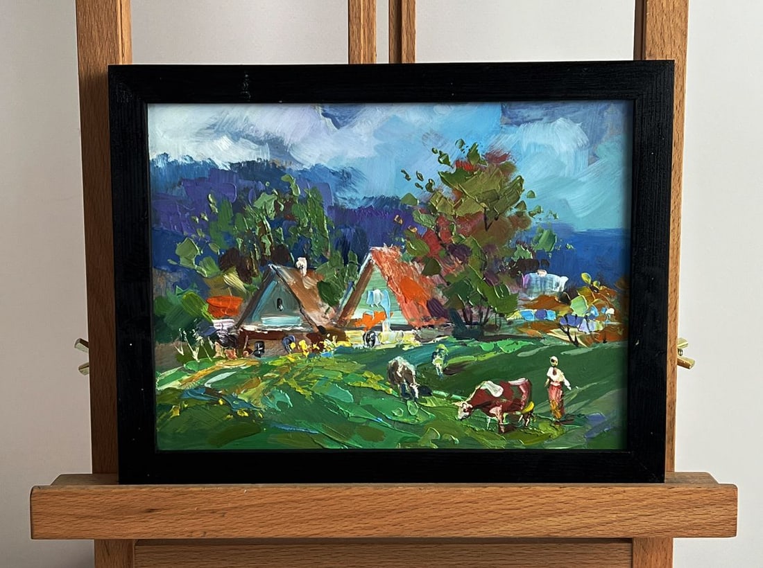 Oil painting Cows grazing in the village Yuriy Suprunchuk: NoAAA6001*** ABOUT THIS PAINTING **** TITLE: "Cows grazing in the village"* ARTISTS: Yuriy Suprunchuk* SIZE: 15x20 cm/5.90x7.87 inches'* MEDIUM: oil, cardboard* HAND PAINTED: Original painting from ou