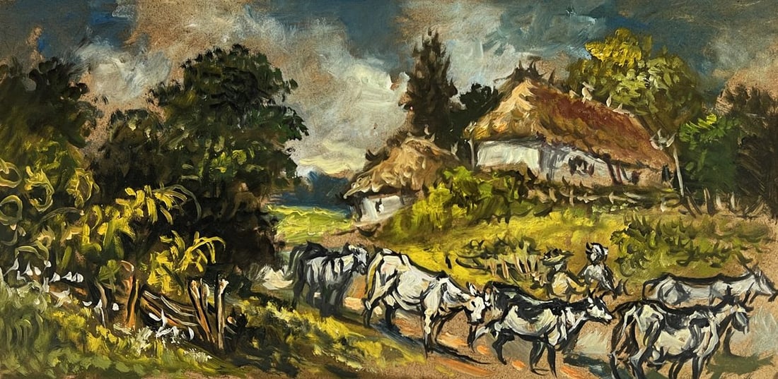 Oil painting Village cows go to the field Alexander Litvinov: NoAAA6051*** ABOUT THIS PAINTING **** TITLE: "Village cows go to the field"* ARTISTS: Alexander Arkadievich Litvinov* SIZE: 21.3x41.2 cm/8.38x16.22 inches'* MEDIUM: oil, hardboard* HAND PAINTED: Origi