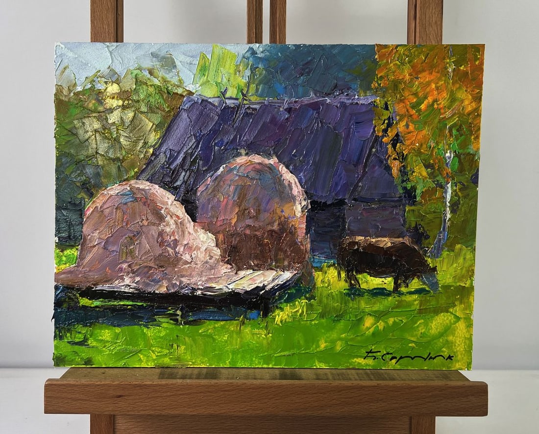 Oil painting Lonely cow in a country field Boris Serdyuk: NoAAA5456The Oil painting on Cardboard titled "Lonely cow in a country field" conveys a vivid and intimate glimpse into the serene rhythm of rural life, where simplicity and solitude merge with the