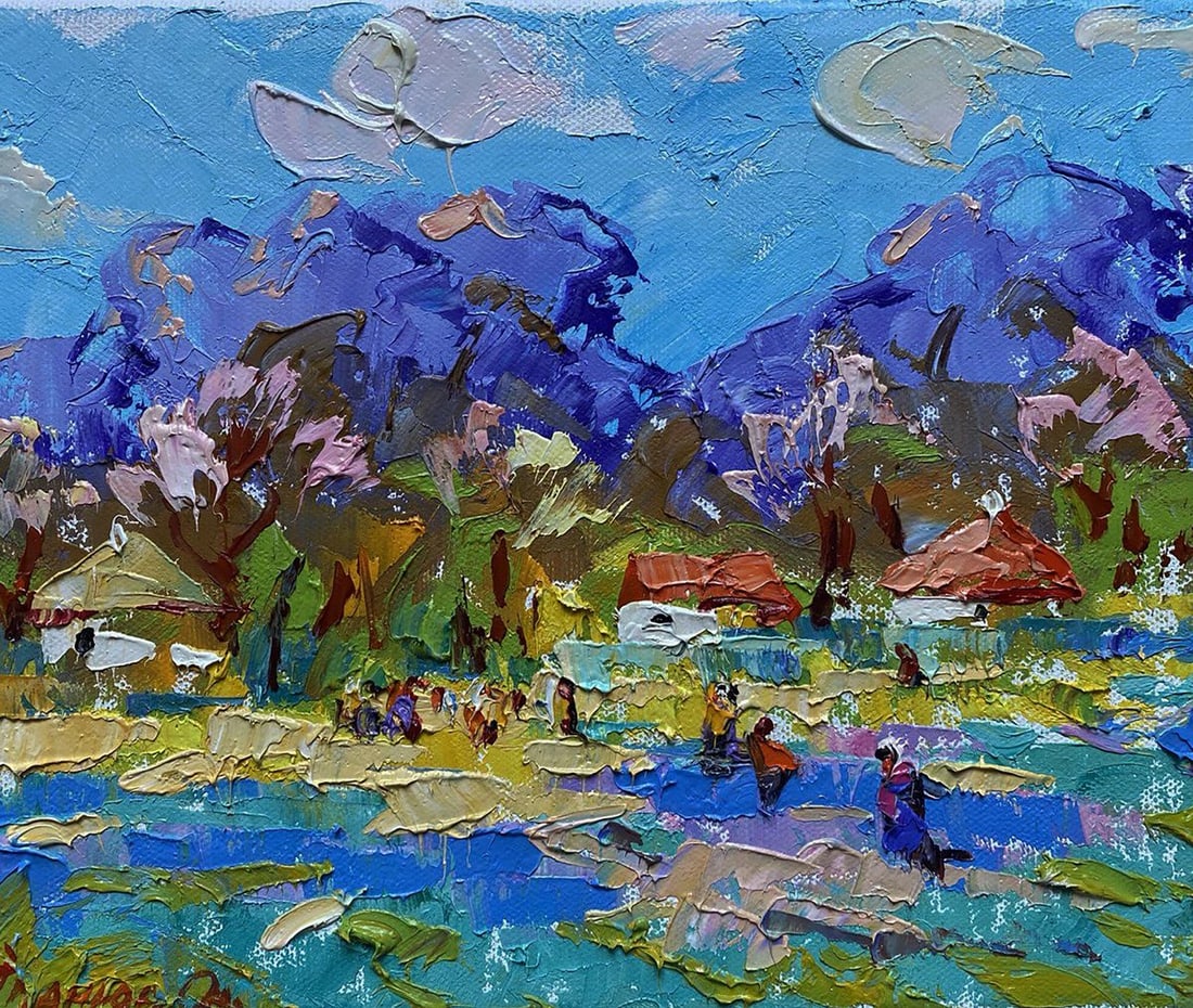Oil painting Spring in the village Oleksiy Ivanyuk: NoKalen 1542The oil painting on Canvas titled "Spring in the Village" bursts with vitality and color, capturing a moment of communal life set against the awakening beauty of a mountainous countryside.