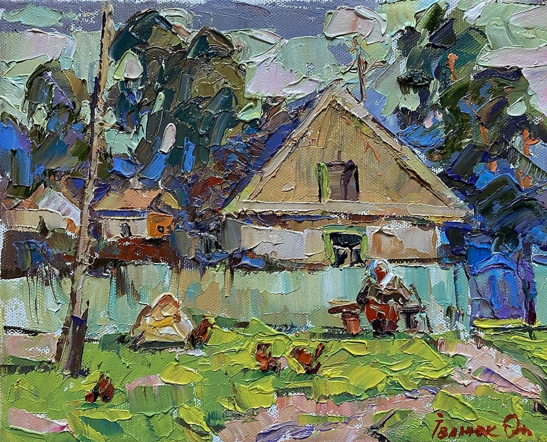 Oil painting Near the yard Oleksiy Ivanyuk: NoKalen 1548The oil painting on Canvas titled "Near the Yard" captures a quiet and intimate moment of rural life, evoking a powerful sense of nostalgia and simplicity. With its bold strokes and rich