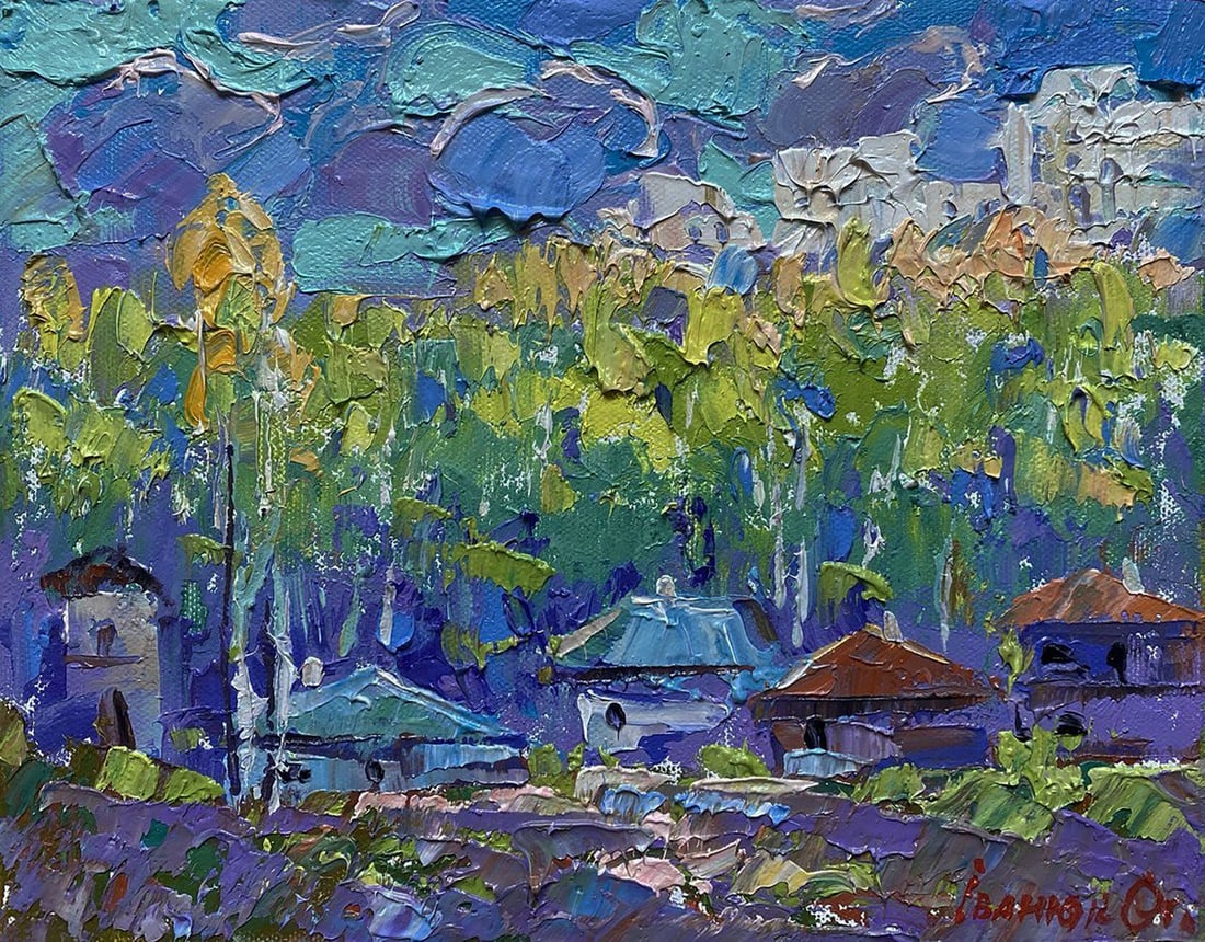 Oil painting Warm summer morning Oleksiy Ivanyuk: NoKalen 1553The oil painting on Canvas titled "Warm Summer Morning" presents a serene yet vibrant portrayal of a countryside waking gently under the embrace of early sunlight. Through a tapestry of
