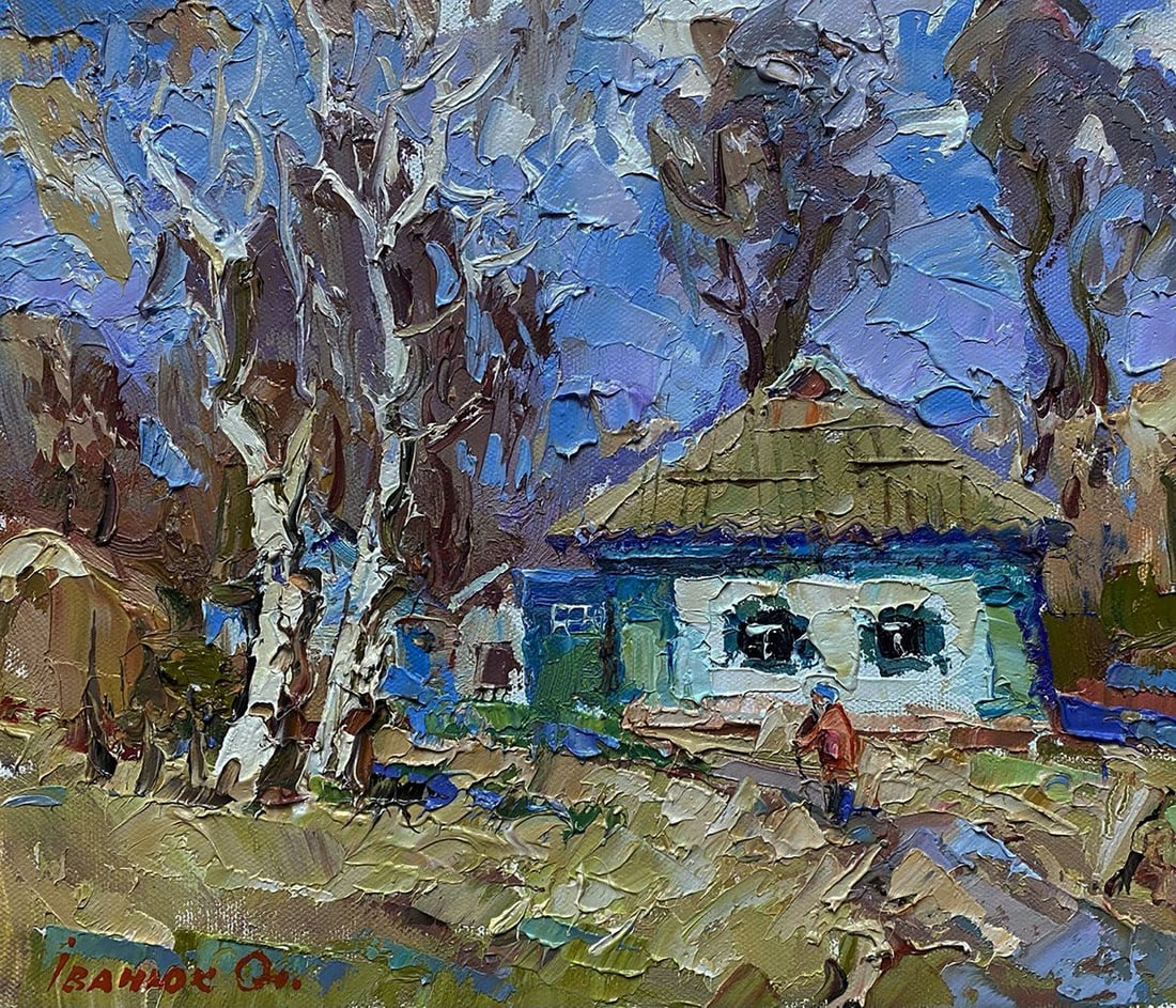 Oil painting House on a March day Oleksiy Ivanyuk: NoKalen 1554The oil painting on Canvas titled "House on a March Day" invites the viewer into a quiet and reflective moment at the end of winter, when the first hints of spring begin to touch the lands