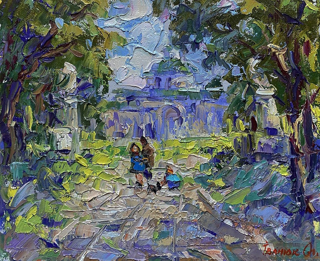Oil painting Alley in the park Oleksiy Ivanyuk: NoKalen 1555The oil painting on Canvas titled "Alley in the Park" presents a vibrant and textured portrayal of a serene moment within a classical garden or urban park, brought to life with expressive