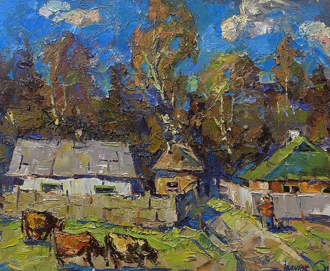 Oil painting Early autumn in the village Oleksiy Ivanyuk: NoKalen 1569The oil painting on Canvas titled "Early Autumn in the Village" presents a vivid and textured depiction of rural life just as the season begins to shift. The scene is imbued with a sense o