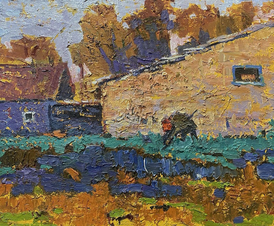 Oil painting Sunny day in the garden Oleksiy Ivanyuk: NoKalen 1570The oil painting on Canvas titled "Sunny Day in the Garden" captures the rustic charm and quiet industriousness of rural life under the golden glow of a sunlit afternoon. The artist