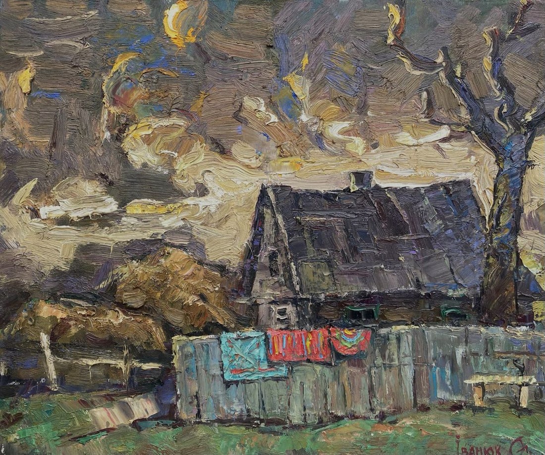 Oil painting Country Moonlight Oleksiy Ivanyuk: NoKalen 1573The oil painting on Canvas titled "Country Moonlight" immerses the viewer in a deeply atmospheric rural landscape, where moonlight weaves through the twilight in expressive, swirling