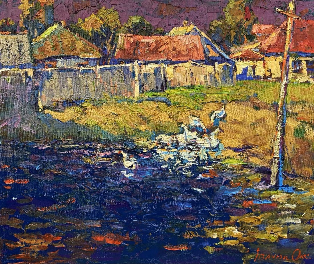 Oil painting After the rain Oksana Ivanyuk: NoKalen 1586The oil painting on Canvas titled "After the Rain" captures a fleeting yet vivid moment of tranquility and renewal in a rural village scene. The composition, suffused with warm golden ligh