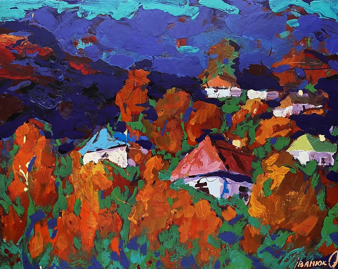 Oil painting Autumn is crimson Oleksiy Ivanyuk: NoKalen 1598The oil painting on Canvas titled "Autumn is Crimson" captures the vibrancy and exuberance of the fall season in a celebration of bold colors and abstracted rural landscape. With its inten