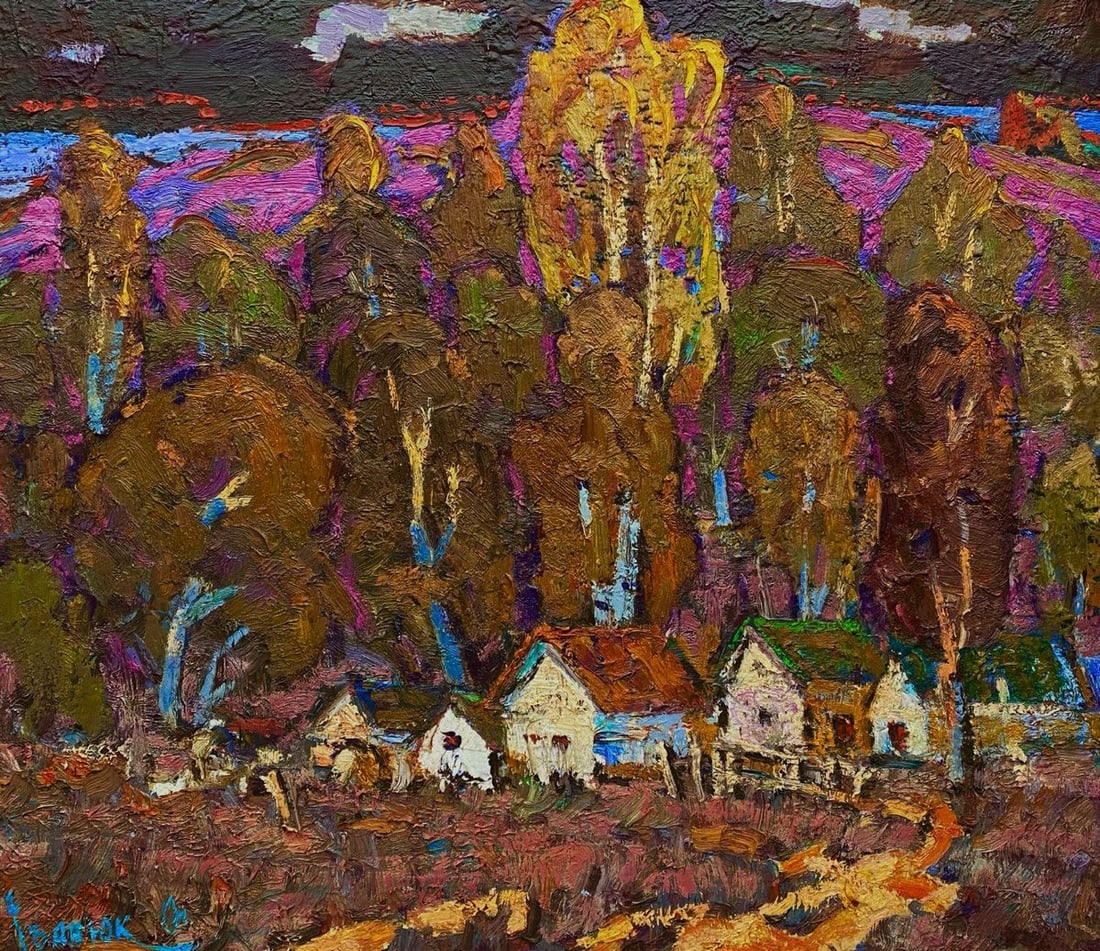 Oil painting Evening gold of the forest Oleksiy Ivanyuk: NoKalen 1599The oil painting on Canvas titled "Evening Gold of the Forest" immerses the viewer in a breathtaking autumnal scene where the forest, saturated with the golden hues of sunset, embraces a