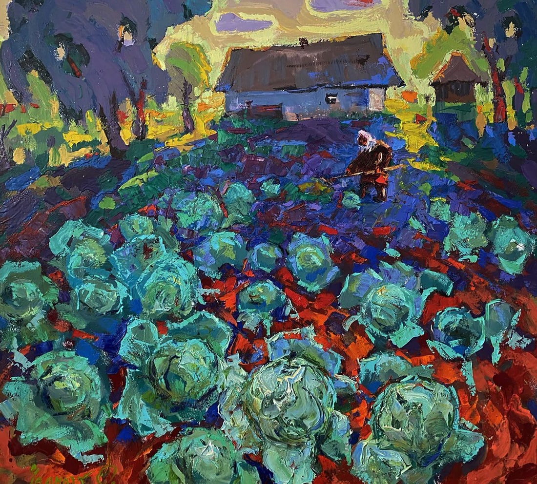 Oil painting Soft evening light Oleksiy Ivanyuk: NoKalen 1612The oil painting on Canvas titled "Soft Evening Light" captures a rural scene suffused with the tranquil glow of twilight, transforming a humble cabbage field into a luminous tapestry of c