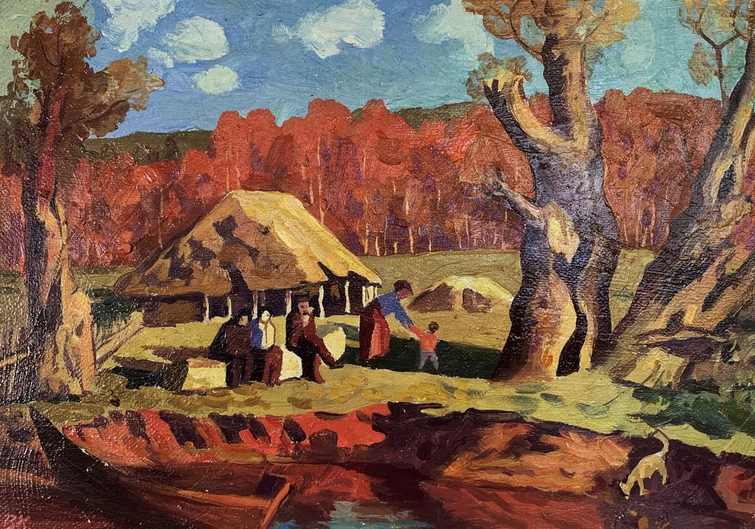 Oil painting Relaxing by the village pond Unknown artist: No1828*** ABOUT THIS PAINTING **** TITLE: "Relaxing by the village pond"* ARTISTS: Unknown artist* SIZE: 30x43 cm/'11.81x16.92 inches' * MEDIUM: oil, cardboard* HAND PAINTED: Original painting from