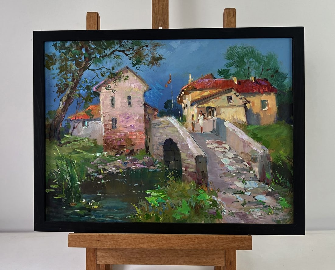 Oil painting The bridge leading to the village Yuriy Suprunchuk: NoAAA5470The Oil painting on Cardboard titled "The bridge leading to the village" unfolds as a luminous narrative of rural serenity and human connection, brought to life with bold, expressive brushstr