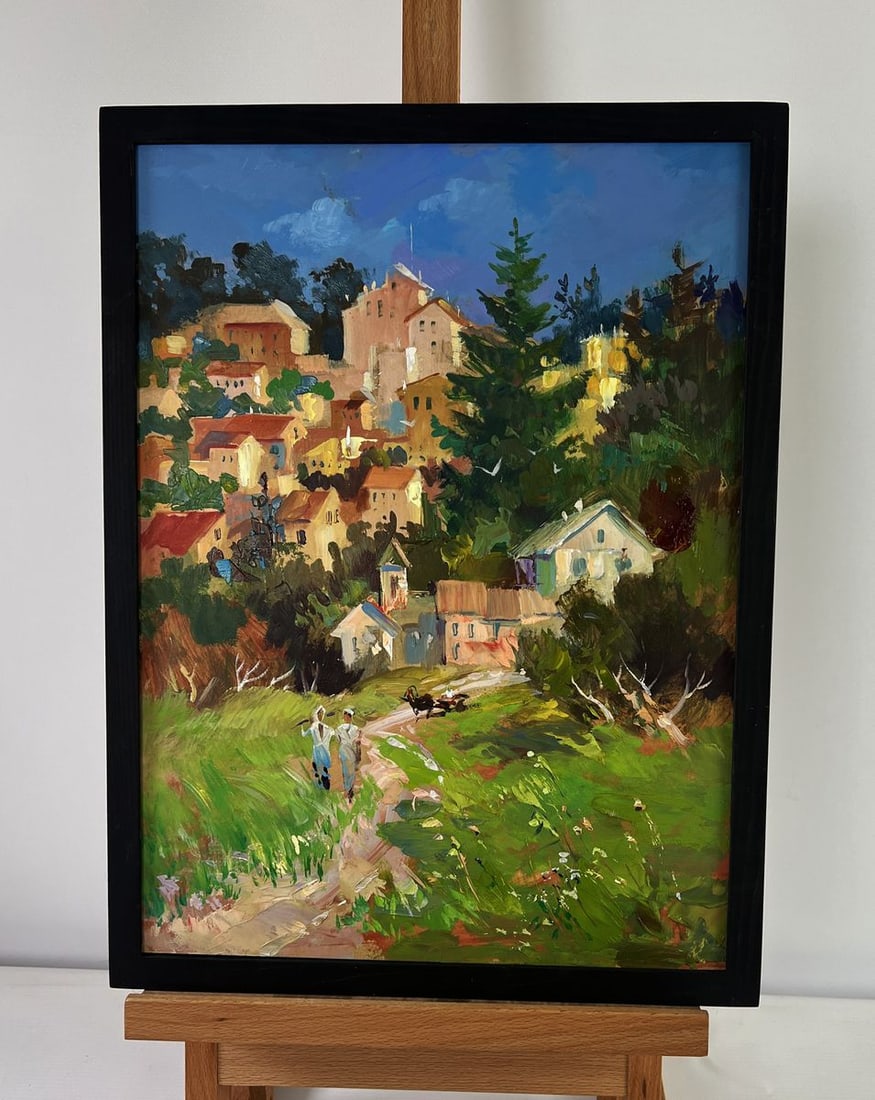 Oil painting Streets that hide stories and dreams Yuriy Suprunchuk: NoAAA5473The Oil painting on Cardboard titled "Streets that hide stories and dreams" captures the poetic spirit of an old town nestled in a lush, vibrant landscape, where each building and pathway