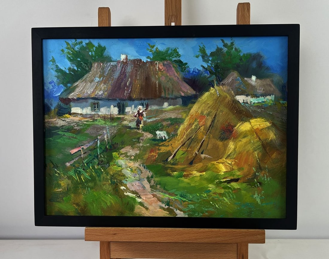 Oil painting Summer Village Life Yuriy Suprunchuk: NoAAA5483The Oil painting on Cardboard titled "Summer Village Life" portrays a warm and vivid glimpse into the daily rhythms of rural existence, evoking both nostalgia and a sense of timeless simplici