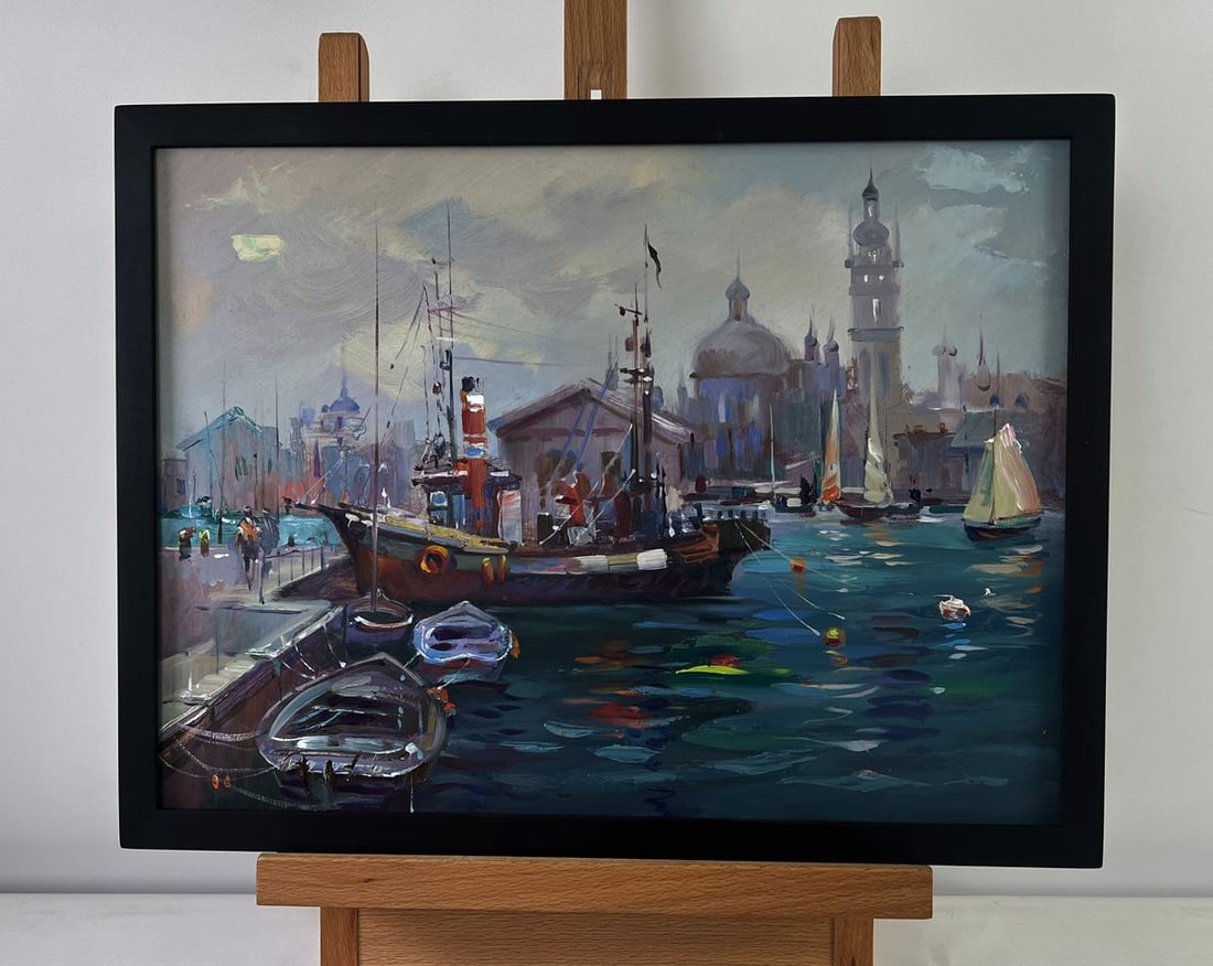 Oil painting Boats bob at the city pier Yuriy Suprunchuk: NoAAA5485The Oil painting on Cardboard titled "Boats bob at the city pier" captures a rich and atmospheric harbor scene, where life on the water and the surrounding architecture converge into a