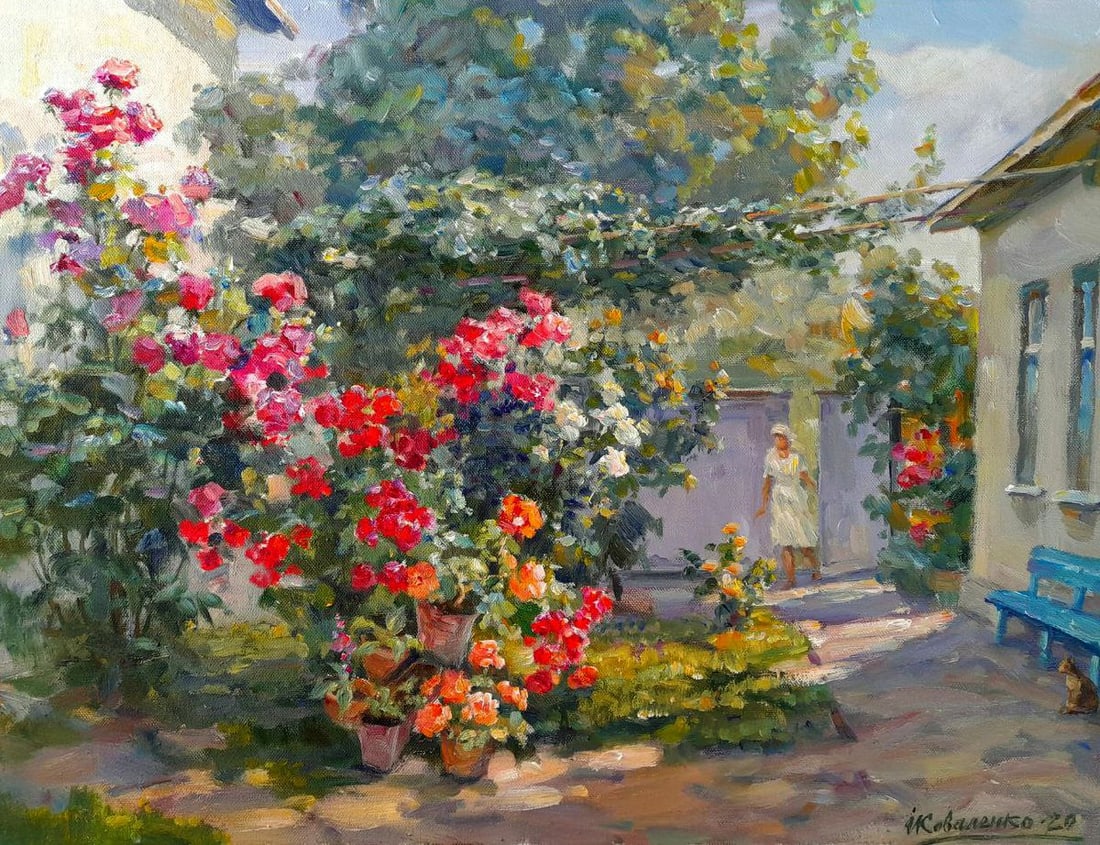 Oil painting Under the arch of peace Ivan Kovalenko: NoKoval 237The Oil painting on Canvas titled "Under the Arch of Peace" captures a serene and deeply nostalgic summer scene set in a quiet Ukrainian courtyard, bathed in gentle sunlight and wrapped in