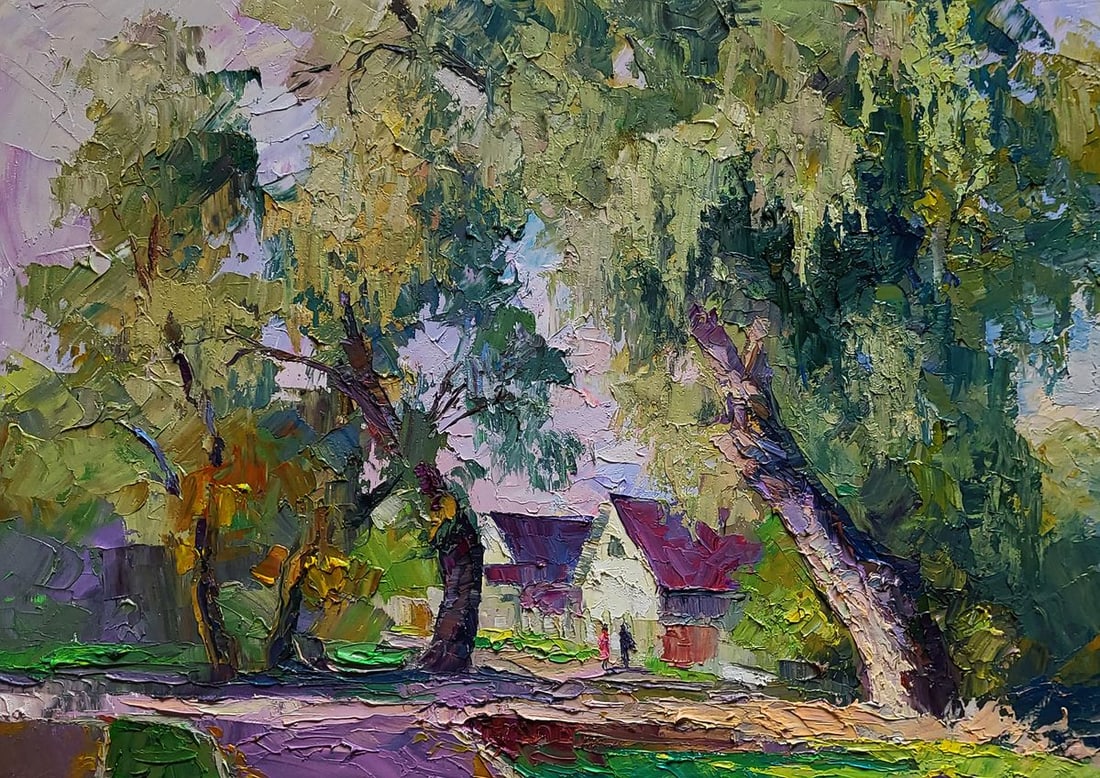Oil painting Willows near the yard Boris Serdyuk: NoSERB 1163The oil painting on canvas titled "Willows near the Yard" captures a serene rural scene, where nature and human presence gently intertwine under the canopy of towering willow trees. Using a