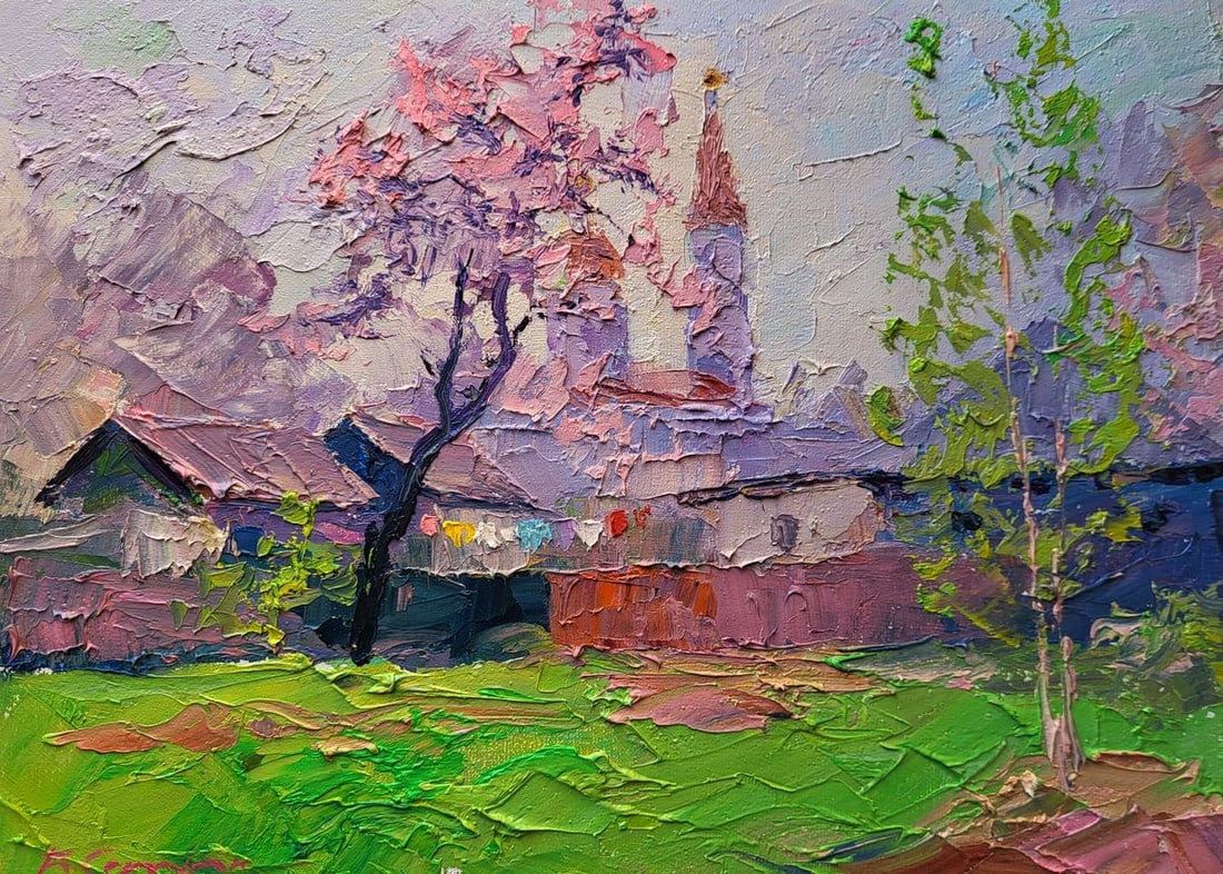 Oil painting Spring has come Boris Serdyuk: NoSERB 1164The oil painting on canvas titled "Spring Has Come" radiates the fresh, vibrant essence of a village awakening to the warmth and light of a new season. Rendered with a rich impasto techniqu