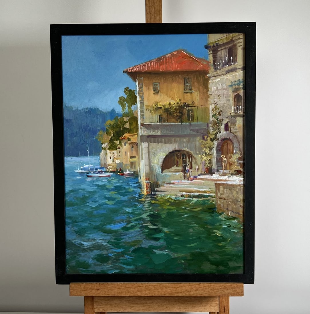 Oil painting Coastal comfort Yuriy Suprunchuk: NoAAA4240The painting "Coastal Comfort" captures the idyllic charm of a seaside village where the rhythm of life follows the gentle lapping of the waves against the stone walls. The composition is bat