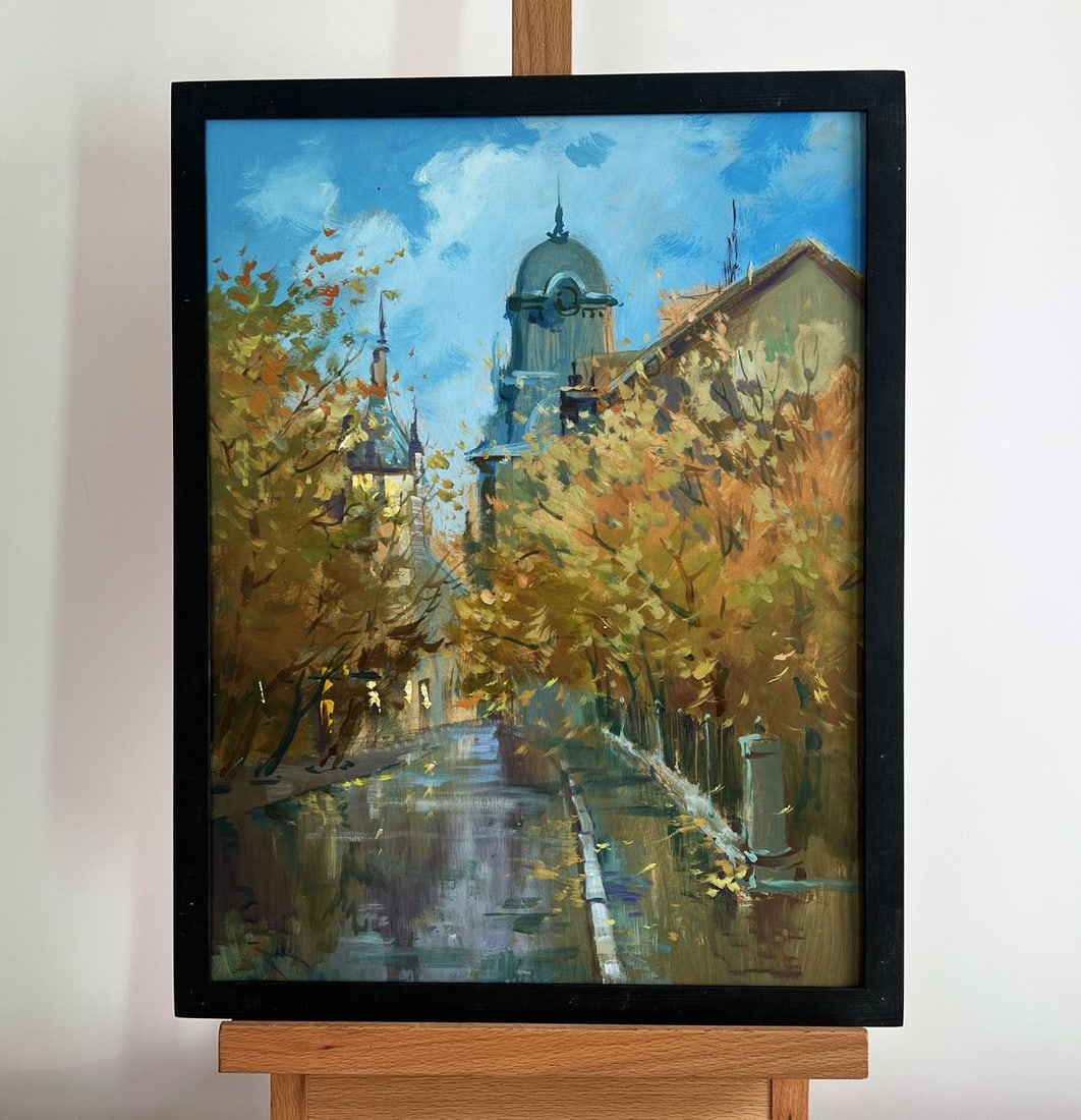 Oil painting The rustle of leaves underfoot Yuriy Suprunchuk: NoAAA4246The painting "The Rustle of Leaves Underfoot" captures the essence of a serene autumn day in the heart of the city. The viewer is immediately drawn to the interplay of golden foliage and the 