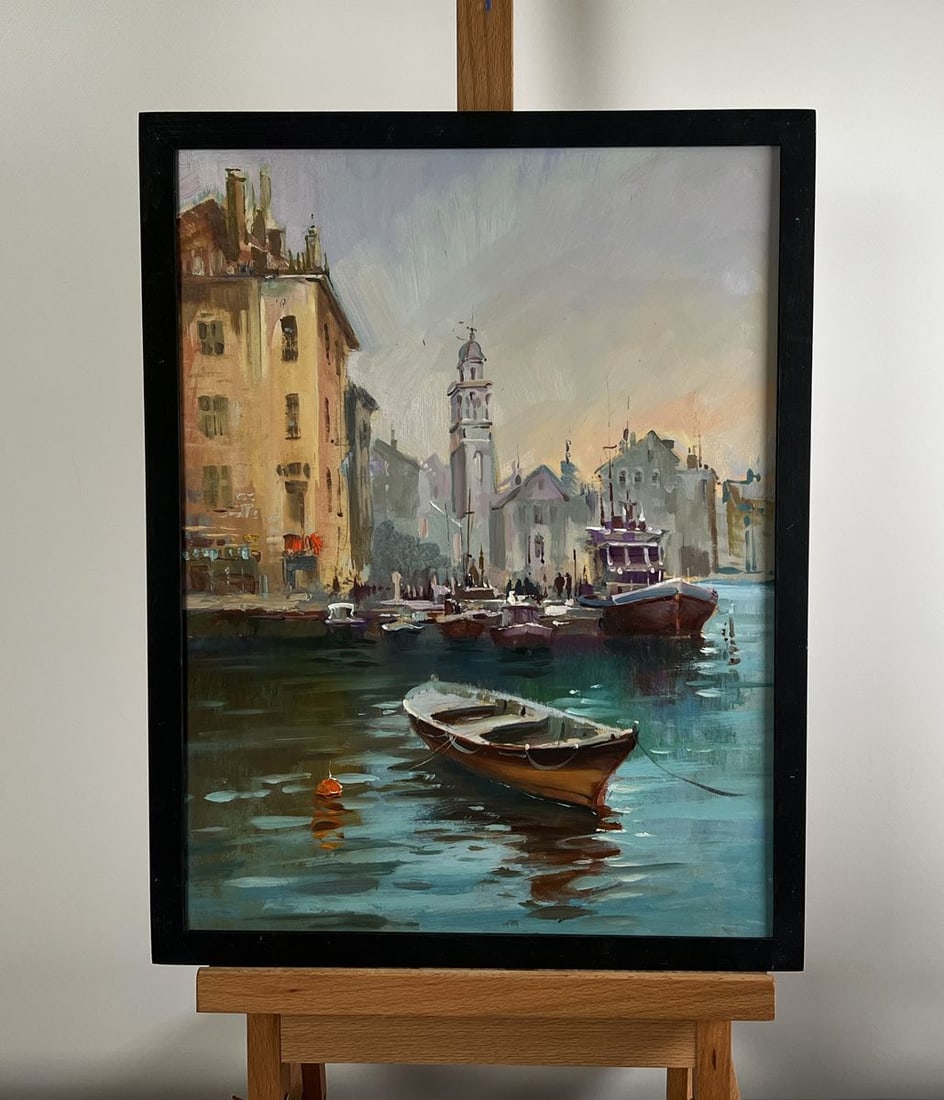 Oil painting Walking tour of the Venetian city Yuriy Suprunchuk: NoAAA4256The painting "Walking Tour of the Venetian City" captures the charm and timeless beauty of Venice, where the historic architecture meets the gentle embrace of the water. The artist skillfully
