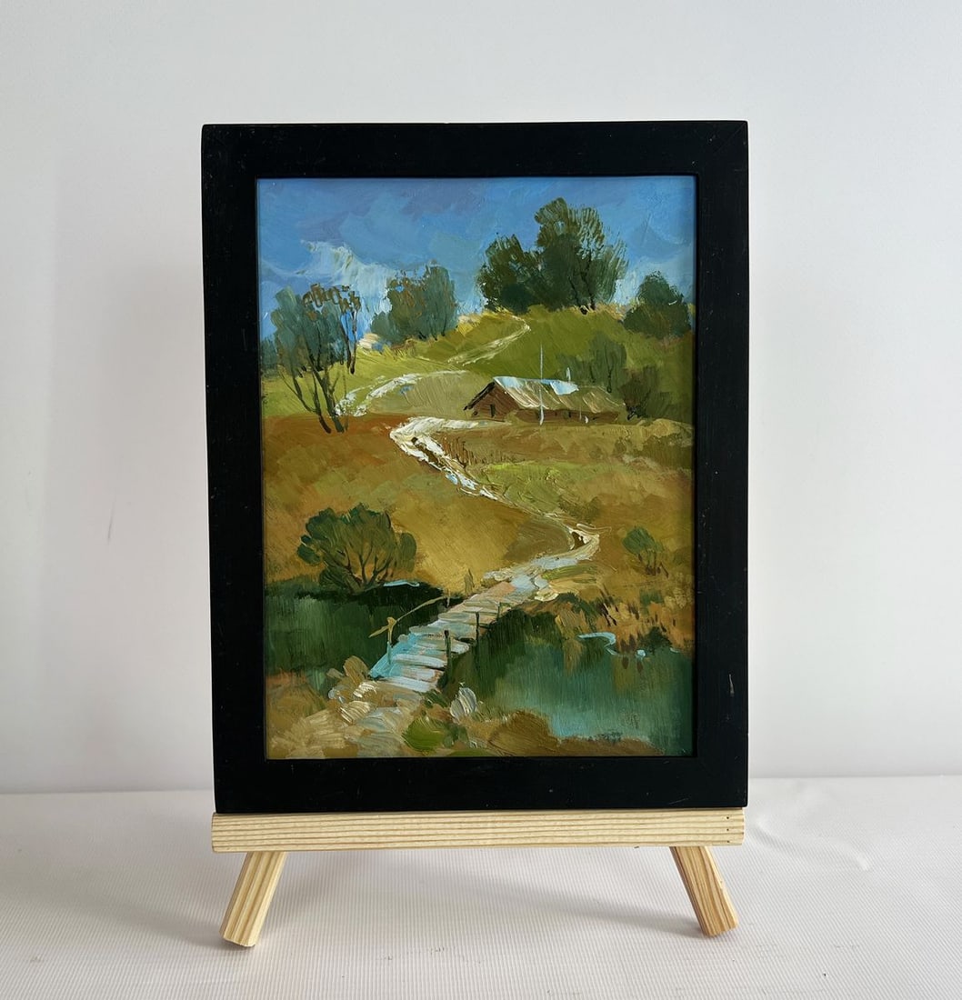 Oil painting Path along the village Yuriy Suprunchuk: NoAAA4299The painting "Path Along the Village" beautifully captures the serene essence of rural life, depicting a winding dirt path that meanders through golden fields, leading to a quaint wooden hous