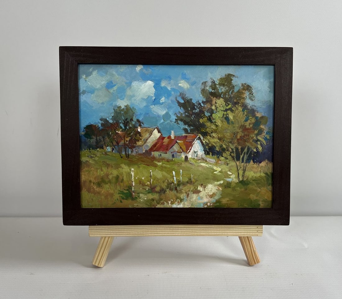 Oil painting Houses in the forest Yuriy Suprunchuk: NoAAA4304The painting "Houses in the Forest" beautifully captures the charm and tranquility of rural life nestled amidst nature. The composition is balanced, with rustic houses at the center, their re