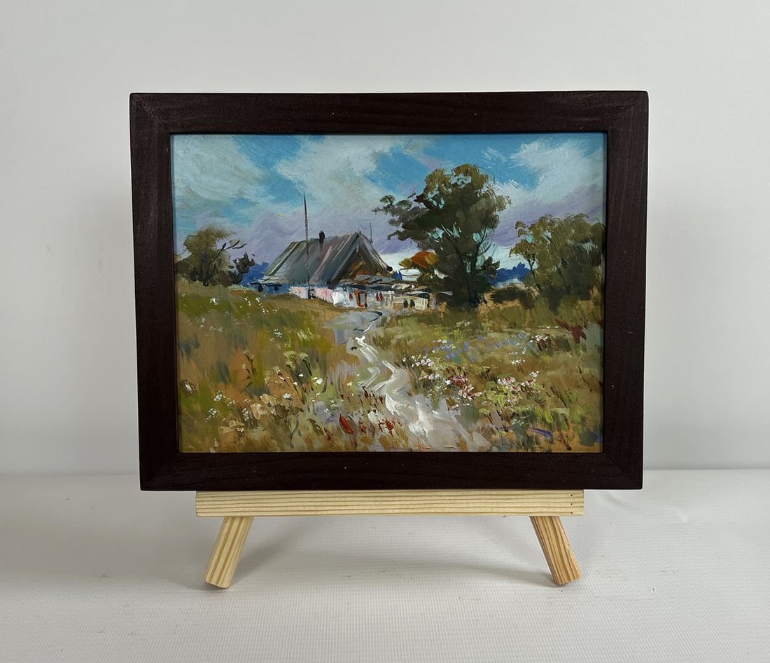 Oil painting Wild flowers near the house Yuriy Suprunchuk: NoAAA4308The painting "Wild Flowers Near the House" is a beautifully expressive oil-on-cardboard artwork that captures the peaceful essence of rural life. It portrays a quaint countryside house