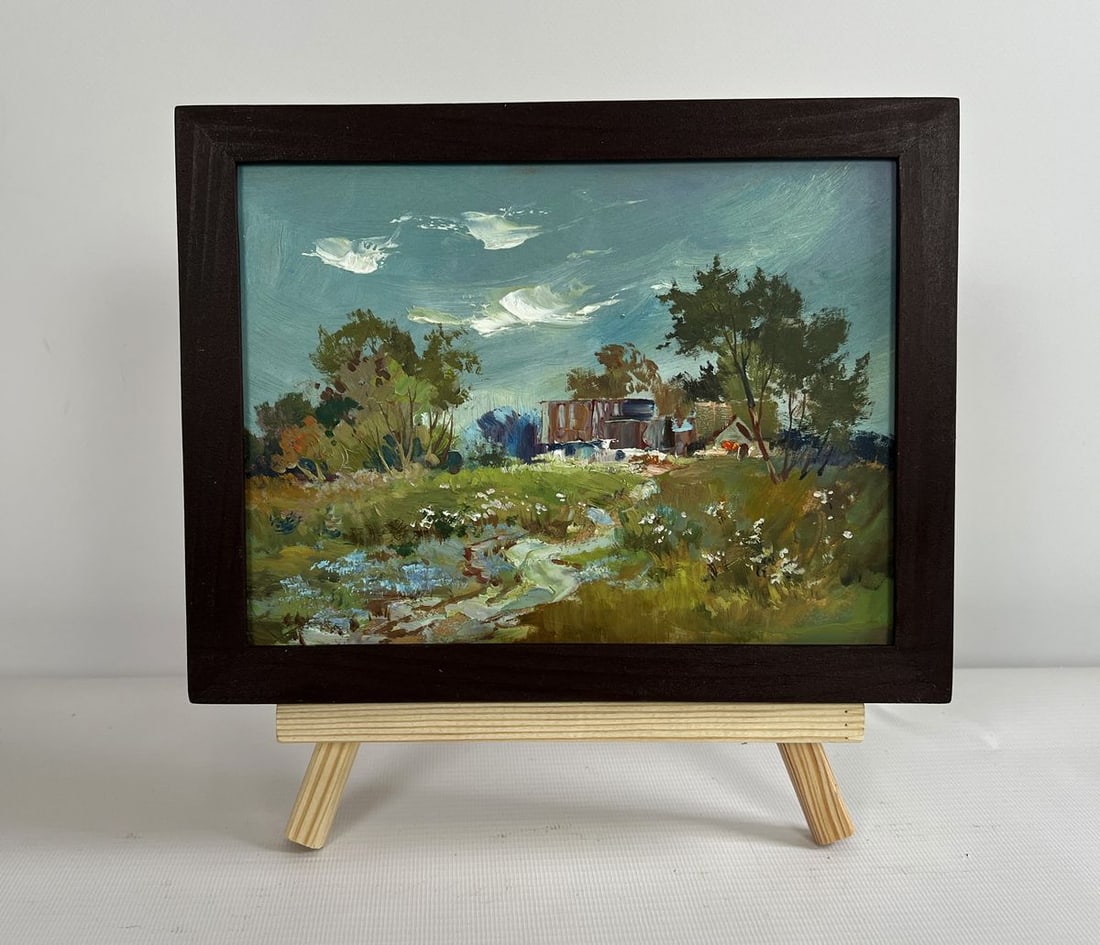 Oil painting Countryside tranquility in summer Yuriy Suprunchuk: NoAAA4310The painting "Countryside Tranquility in Summer" captures the peaceful essence of rural life, where nature and human presence coexist in harmony. Created with oil on cardboard, the artwork