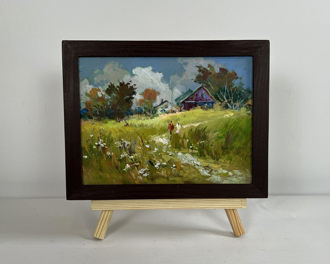 Oil painting A couple walking through a field Yuriy Suprunchuk: NoAAA4328The painting "A Couple Walking Through a Field" captures the warmth and serenity of rural life, where nature and human presence harmonize in a picturesque landscape. The scene unfolds under a
