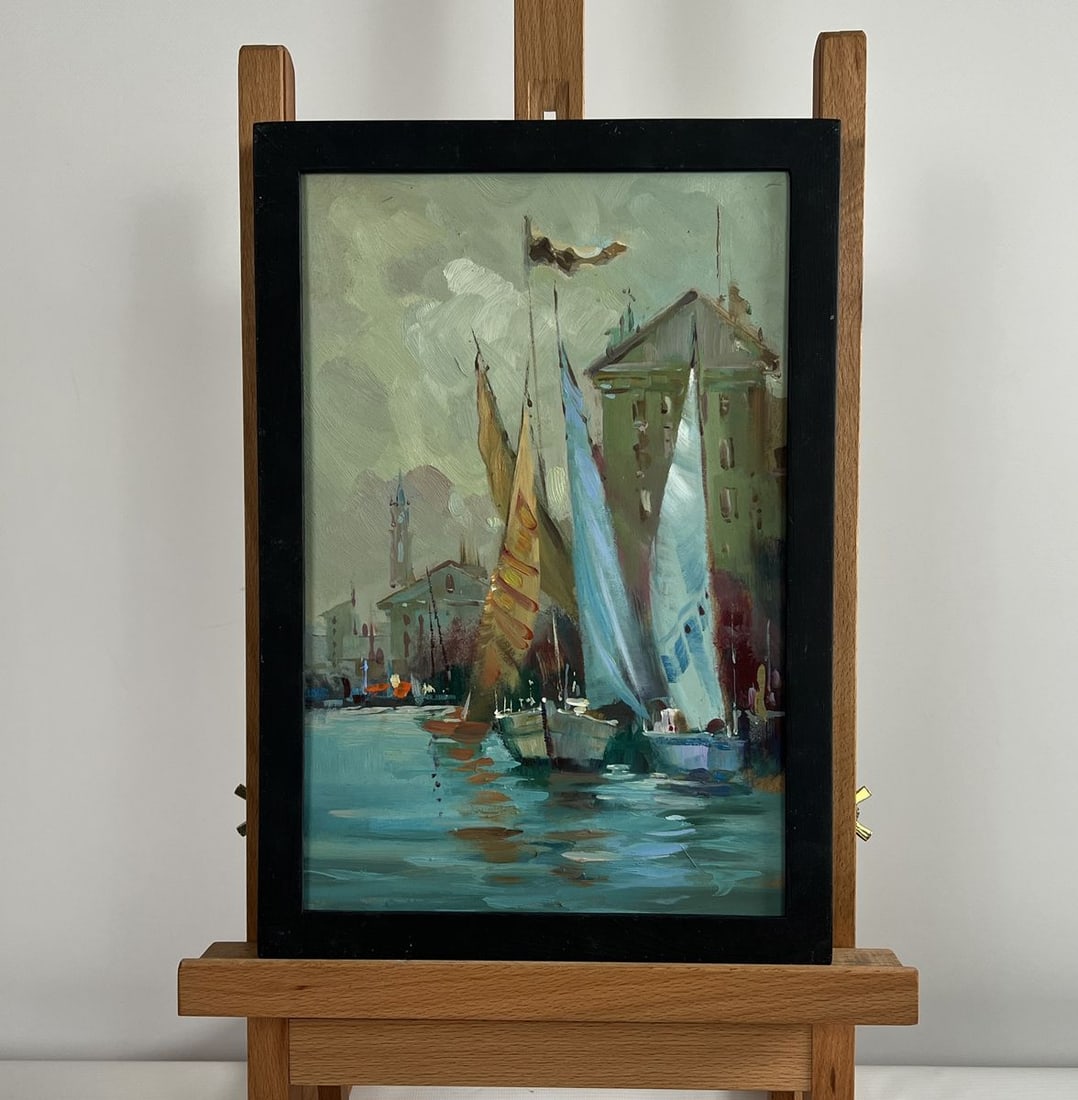 Oil painting A quiet harbor near Venice Yuriy Suprunchuk: NoAAA4364The painting "A Quiet Harbor Near Venice" captures the essence of an old European waterfront, where the calm waters reflect the towering sails of moored boats and the majestic architecture of