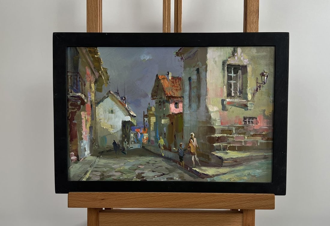 Oil painting Walking along the city street Yuriy Suprunchuk: NoAAA4368This oil painting cardboard is titled "Walking along the city street" presents a captivating urban scene that exudes a sense of nostalgia and mystery. The artist masterfully blends impression