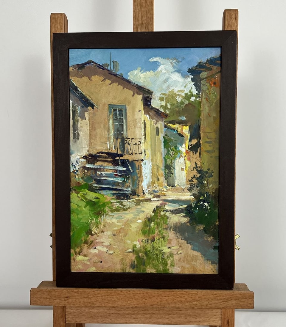 Oil painting City summer courtyard Yuriy Suprunchuk: NoAAA4372The painting "City Summer Courtyard" captures the timeless charm of an old European alley bathed in the golden glow of a summer afternoon. The narrow path, lined with sunlit facades, leads
