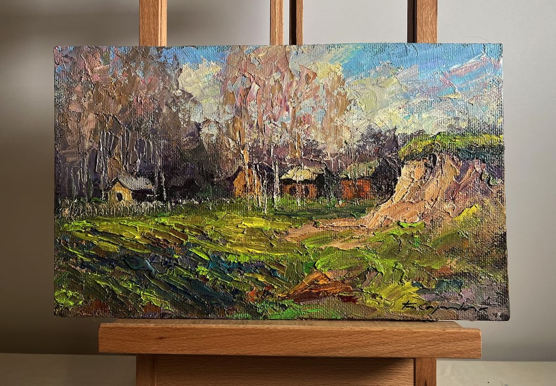 Oil painting The fragrant nature of spring Boris Serdyuk: NoAAA3767This oil painting hardboard, titled "The fragrant nature of spring", the painting is structured around a picturesque countryside scene, where wooden houses are nestled among tall trees and ro