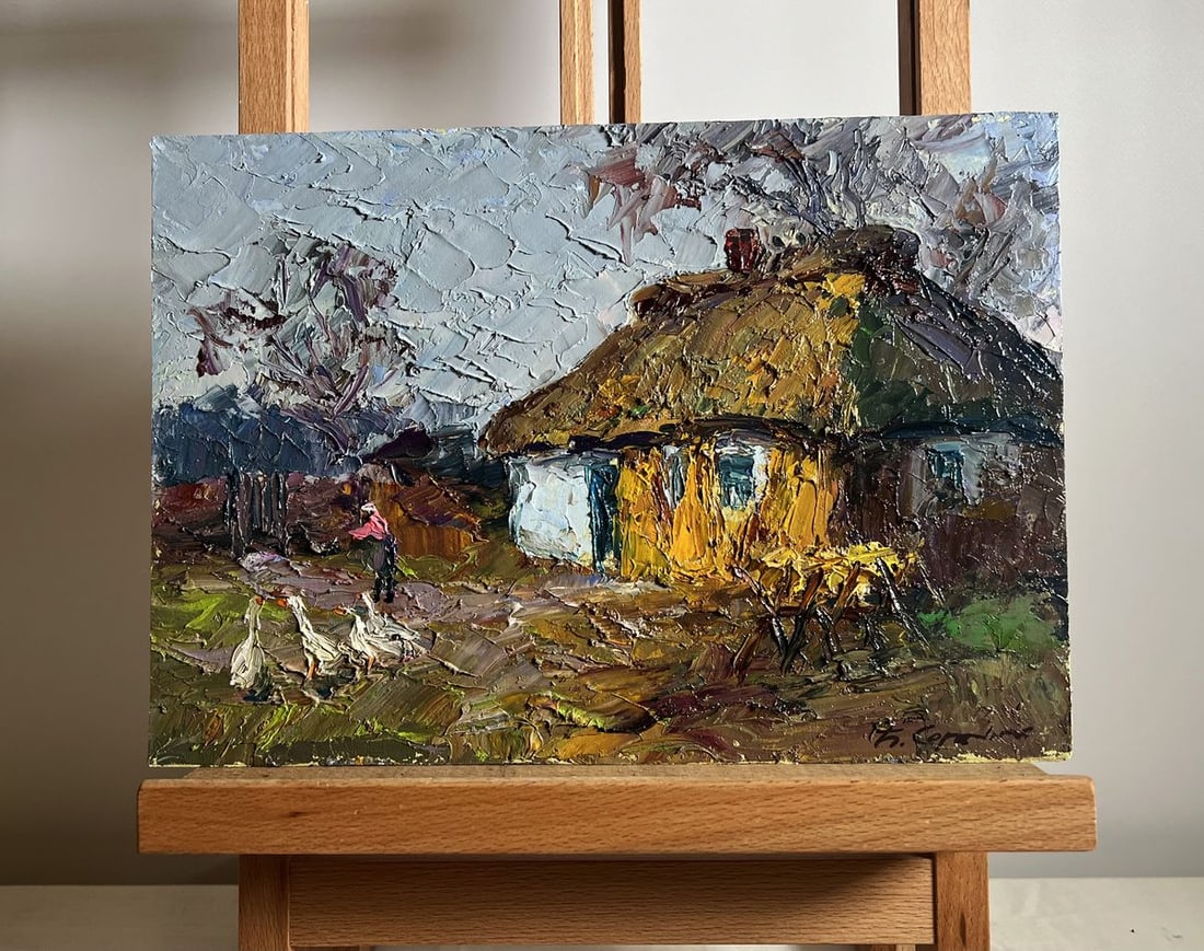 Oil painting Geese in the yard Boris Serdyuk: NoAAA3777This oil painting cardboard, titled "Geese in the yard", the composition is carefully arranged, creating a natural flow that guides the viewer's eye across the scene. On the right side, the r