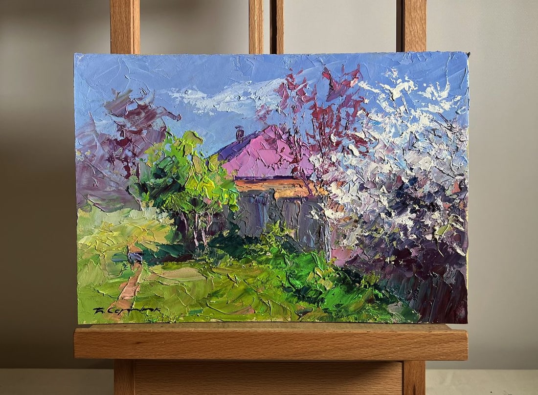 Oil painting Cherry blossom Boris Serdyuk: NoAAA3783This oil painting cardboard, titled "Cherry blossom", the composition is structured to create a sense of balance and movement, guiding the viewer's eye through the vibrant natural elements