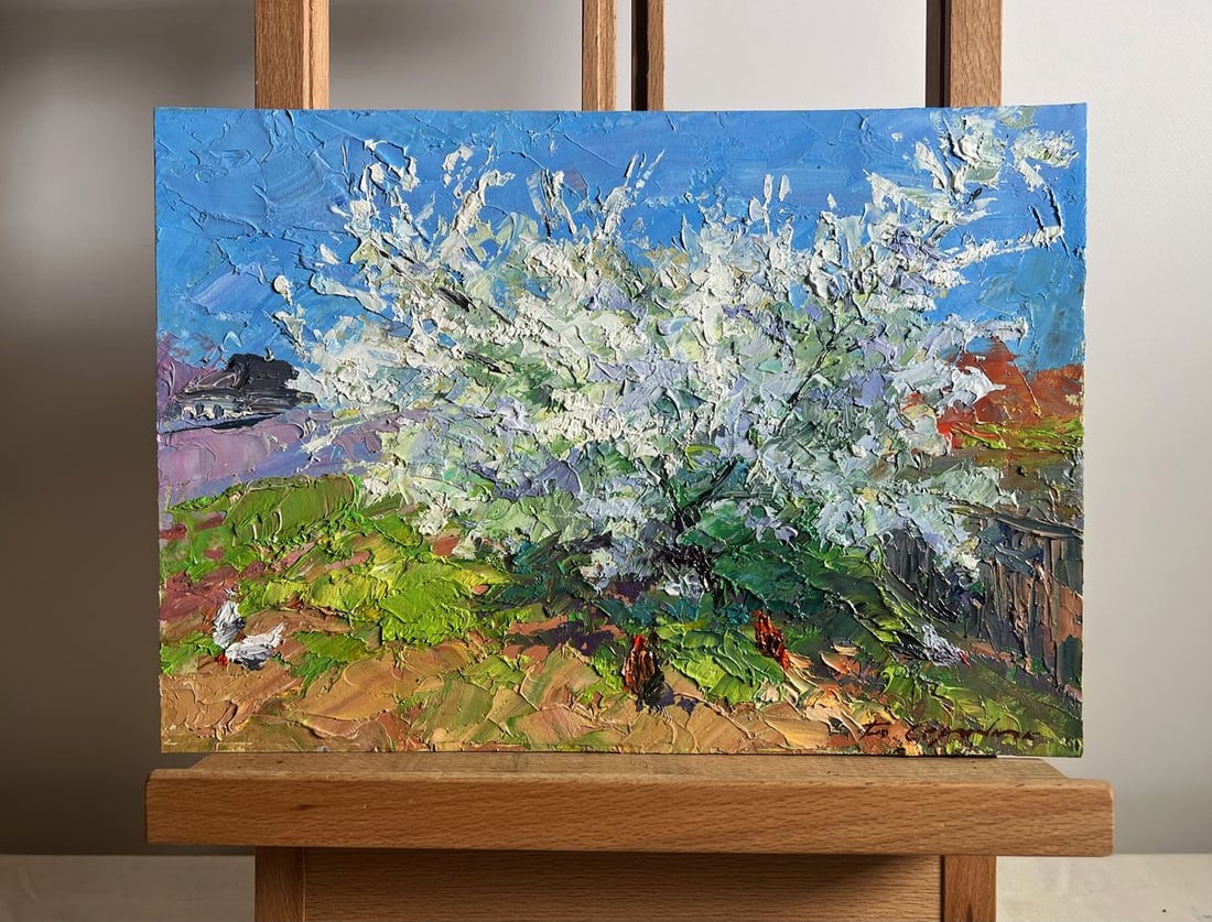 Oil painting Flowering tree and chickens Boris Serdyuk: NoAAA3806This oil painting cardboard, titled "Flowering tree and chickens", the composition centers around a magnificent flowering tree, whose delicate white blossoms spread across the canvas like a
