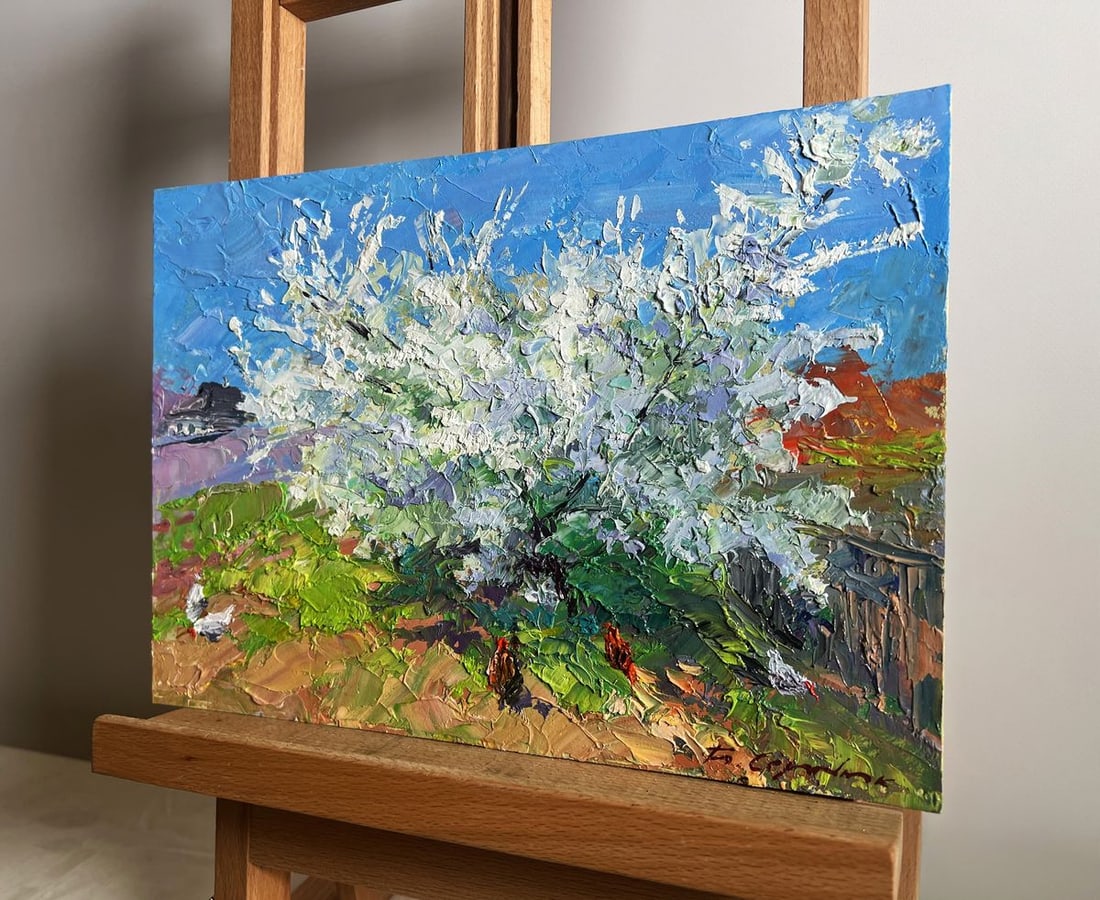 Oil painting Flowering tree and chickens Boris Serdyuk - 2