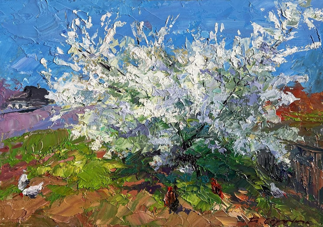 Oil painting Flowering tree and chickens Boris Serdyuk - 3