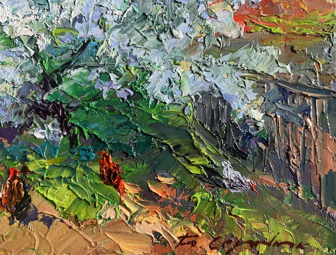 Oil painting Flowering tree and chickens Boris Serdyuk - 9