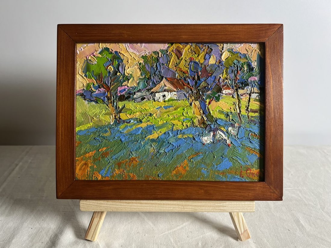 Oil painting Geese behind the trees Oksana Kalenyuk: NoAAA3810This oil painting cardboard, titled "Geese behind the trees", the composition is well-balanced, drawing the viewer's eye through the various layers of the scene. In the foreground, a group