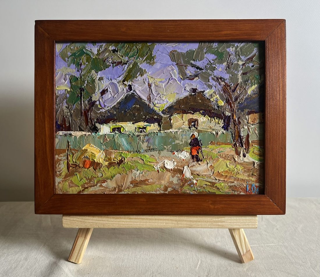 Oil painting Alley in the village Alex Kalenyuk: NoAAA3828This oil painting cardboard, titled "Alley in the village", the composition is balanced and inviting, drawing the viewer's eye into the heart of the village alley. A winding dirt path leads