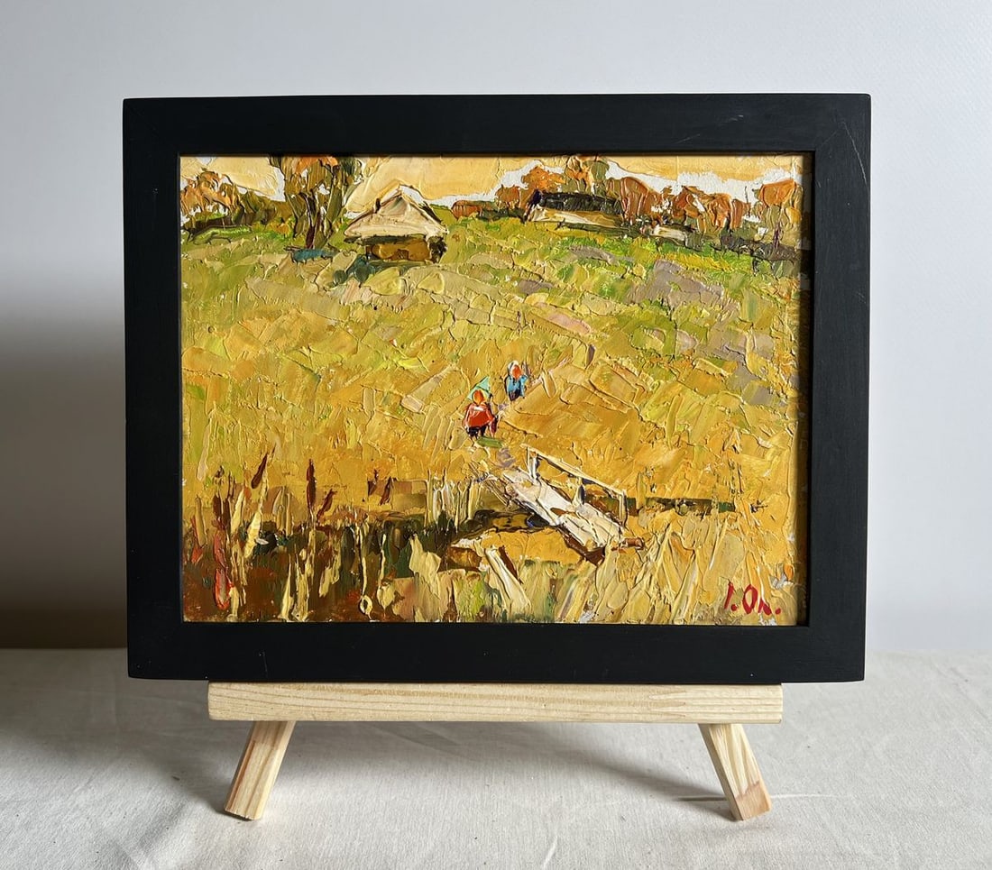 Oil painting Village road to the reservoir Alex Kalenyuk: NoAAA3862This oil painting cardboard, titled "Village road to the reservoir", the composition exudes a sense of tranquility, evoking memories of simple village life and the connection between people