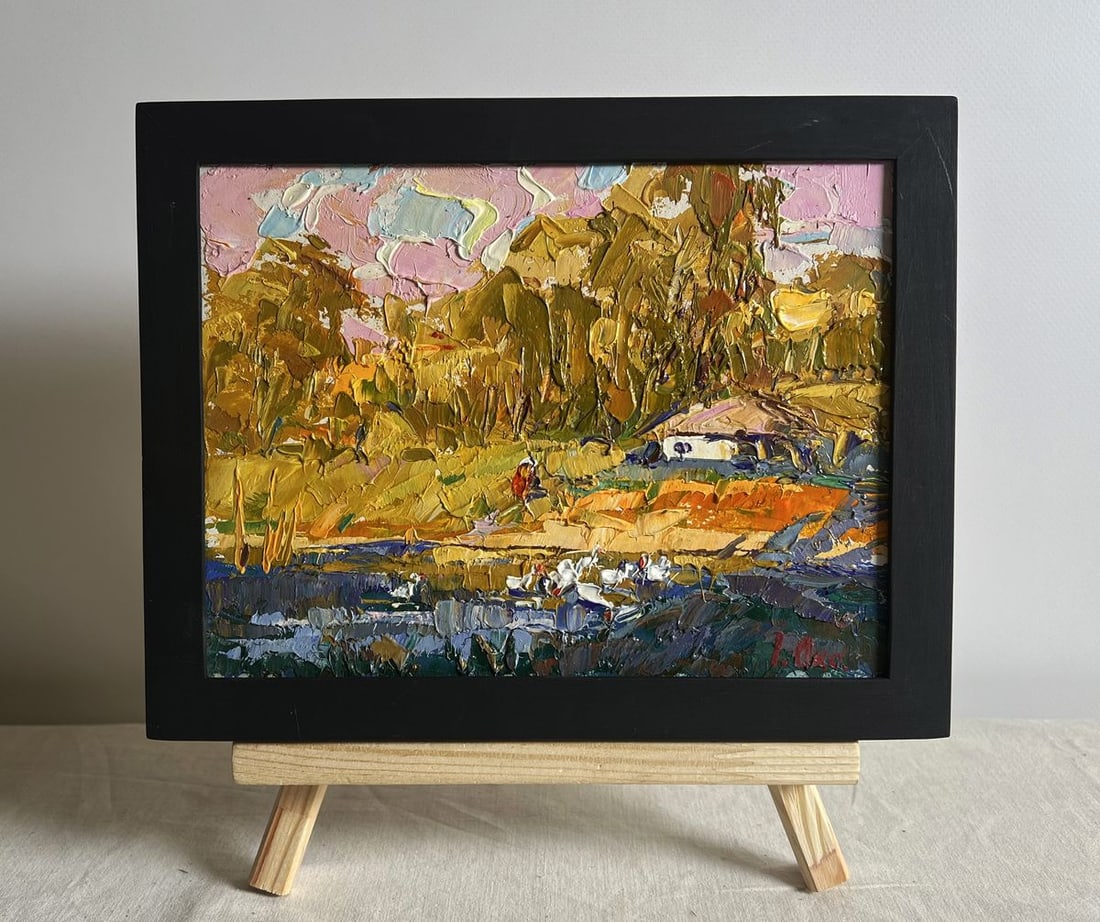 Oil painting Ducklings are splashing Oksana Kalenyuk: NoAAA3866This oil painting cardboard, titled "Ducklings are splashing", the painting exudes a sense of tranquility, evoking the simple joys of village life and the beauty of nature's rhythms. In the
