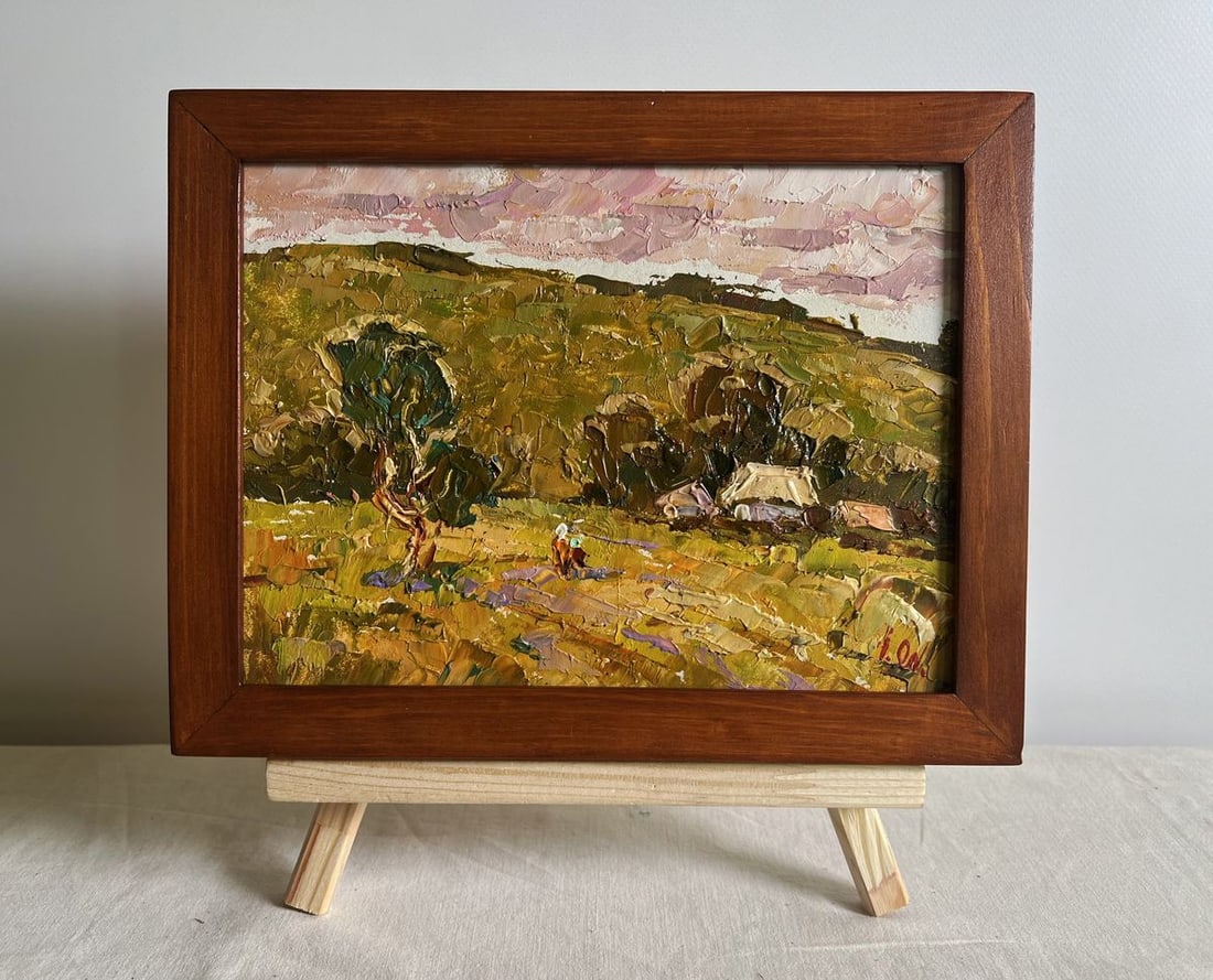 Oil painting A walk along the outskirts of the village Alex Kalenyuk: NoAAA3873This oil painting cardboard, titled "A walk along the outskirts of the village", the painting exudes warmth, nostalgia, and a sense of peaceful solitude, inviting the viewer to experience a