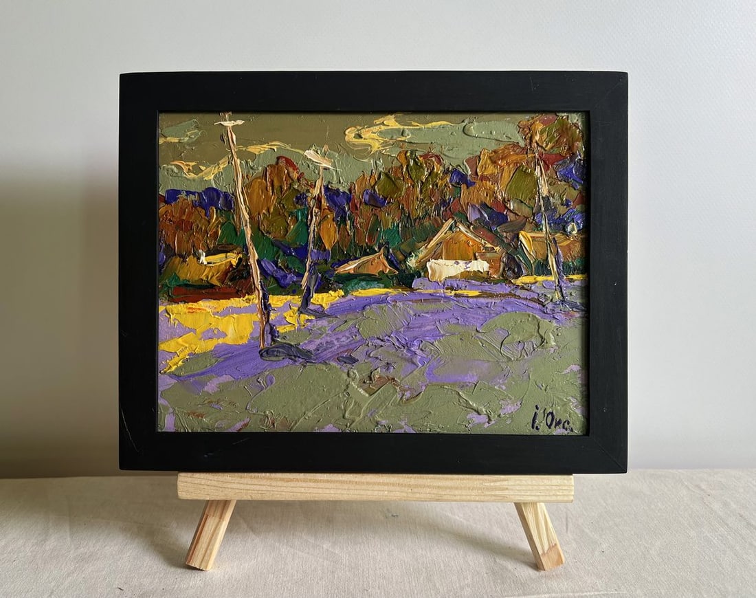 Oil painting Overlooking the village Oksana Kalenyuk: NoAAA3874This oil painting cardboard, titled "Overlooking the village", the painting exudes a sense of tranquility and nostalgia, drawing the viewer into a scene where human habitation blends