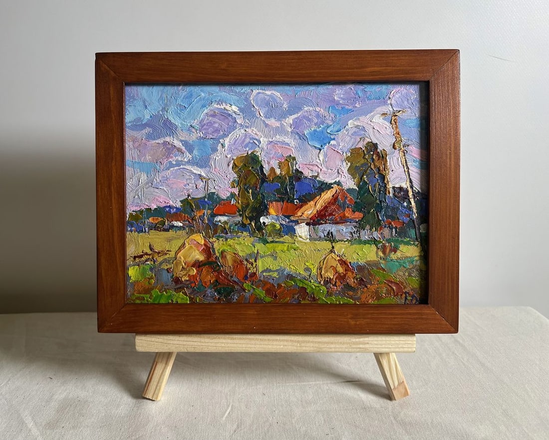 Oil painting Quiet village street Oksana Kalenyuk: NoAAA3877This oil painting cardboard, titled "Quiet village street", the artist employs an expressive impasto technique, using thick, dynamic brushstrokes to create a lively and immersive composition.